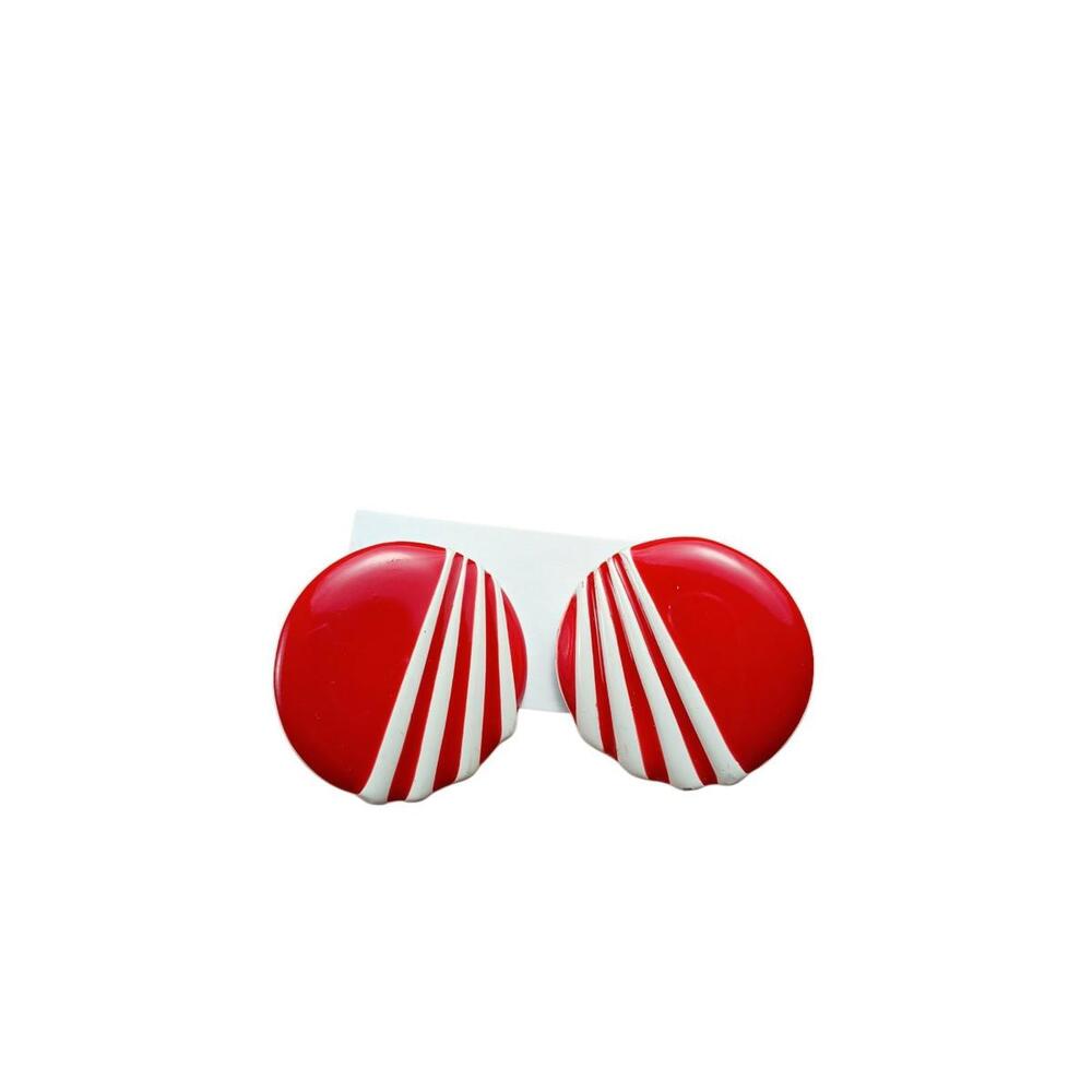 Vintage Red & White Enamel Clip-on Earrings Retro 80s Statement Pieces Sunburst